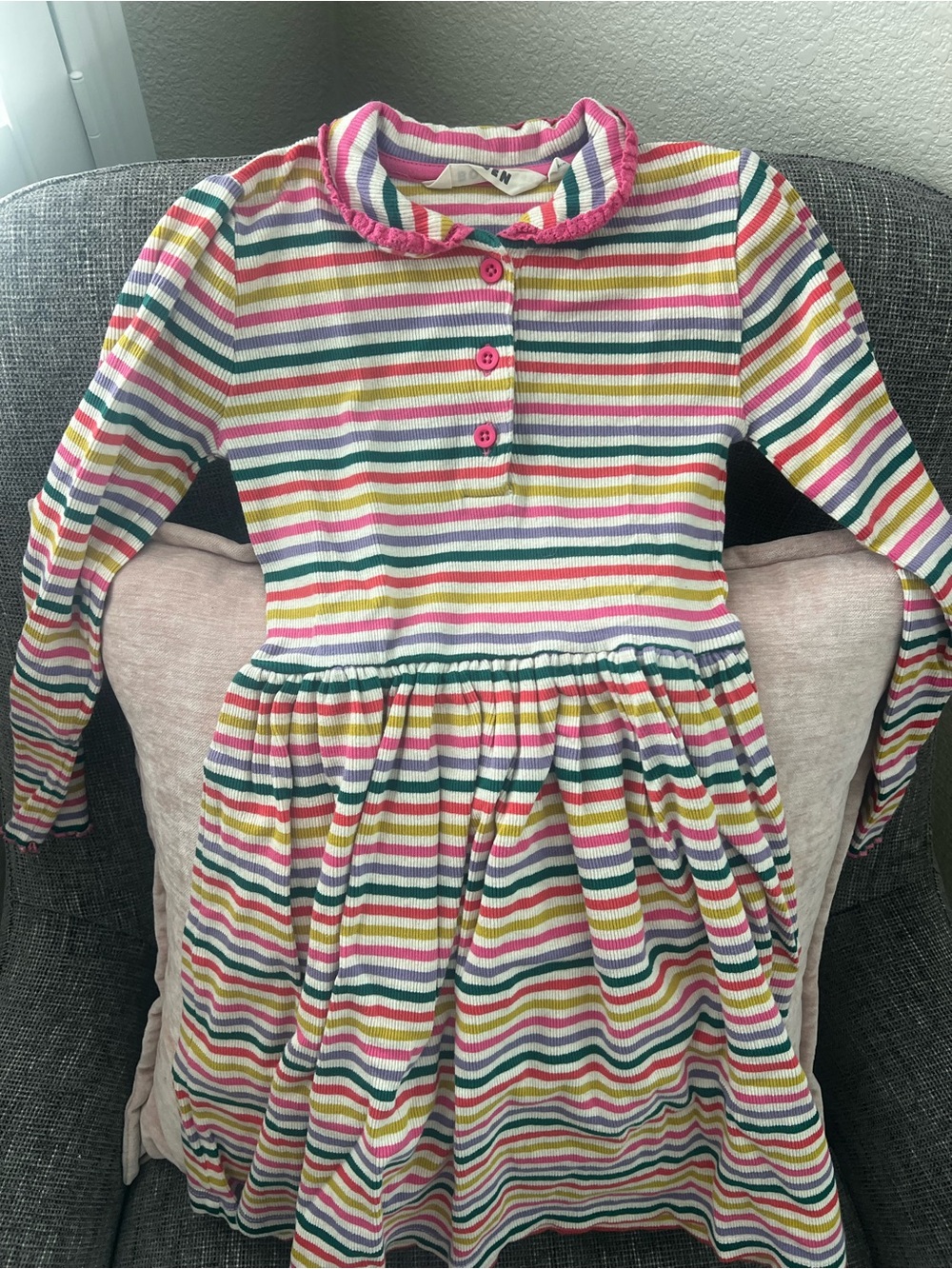 Mini Boden Pink, Green, Yellow, Blue & White Striped Long-Sleeve Dress